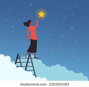 People reach star opportunity career dream concept. Vector flat graphic design illustration