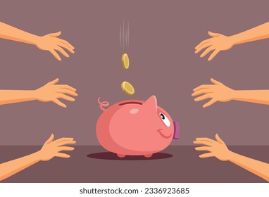 
People Reaching for the Coins in the Piggy Bank Vector Cartoon illustration. Greedy family trying to split the money after inheritance 
