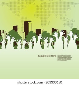 People Reaching for an Environmentally Friendly World - Colorful Abstract Eco Concept Vector Background: World Map, Nature and Cityscape