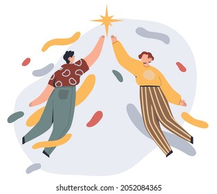 People reaching out for the star. Teamwork, striving for goal, target aspiration, competition concept. Hand drawn vector colorful funny cartoon style illustration