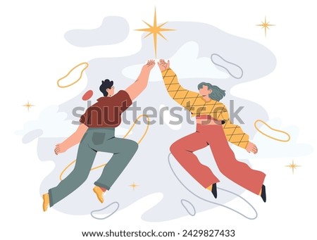 People reaching out for the star. Teamwork, striving for goal, target aspiration, competition concept. Hand drawn vector cartoon style illustration
