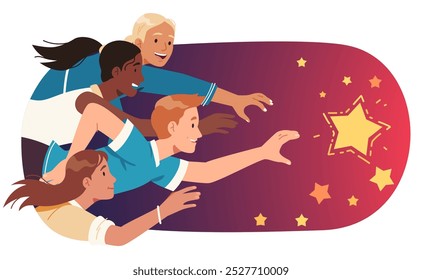 People reaching for star goal and success. Smiling workers men, women persons with outstretched hands flying achieving aim. Career achievement, business inspiration concept flat vector illustration