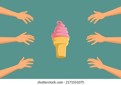 
People Reaching For A Strawberry Ice Cream Vector Cartoon Illustration. Customers Having Sweet Dessert During Summer Vacation
