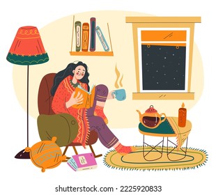 People read book in cozy home interior abstract concept. Vector graphic design illustration element