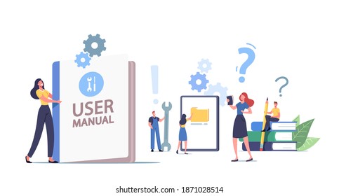 People Read Book with Instructions for Equipment. User Manual Concept. Characters with Some Office Stuff Discussing Content of Guide. Requirements Specifications Document. Cartoon Vector Illustration