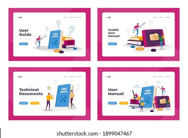 People Read Book with Instructions for Equipment. User Manual Landing Page Template Set. Characters Discussing Content of Guide. Requirements Specifications Document. Cartoon Vector Illustration