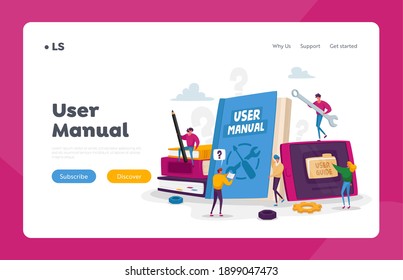 People Read Book with Instructions for Equipment. User Manual Landing Page Template. Characters Discussing Content of Guide. Requirements Specifications Document. Cartoon Vector Illustration