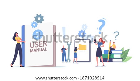 People Read Book with Instructions for Equipment. User Manual Concept. Characters with Some Office Stuff Discussing Content of Guide. Requirements Specifications Document. Cartoon Vector Illustration