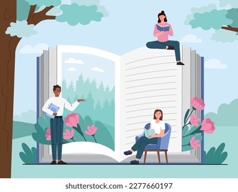 People read book. Man and woman reading interesting story. Love for literature, education and training, selfdevelopment. Dream day festival in open library. Cartoon flat vector illustration