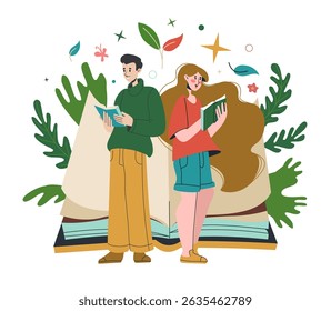 People read book. Man and woman enjoying of literature. Education for students. Knowledge in library or bookstore. Young smart boy and girl couple. Vector cartoon flat style isolated illustration