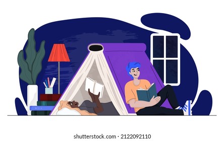 
People read a book at night. a guy and a girl study under a huge book. modern flat illustration.