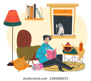 People read book on cozy sofa with cat and tea concept. Vector graphic design illustration
