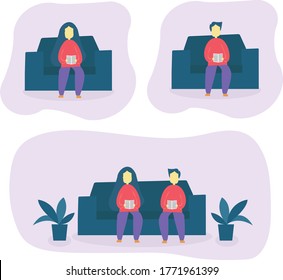 People Read A Book And Sit On Sofa Vector Illustration. Woman Read A Book And Sit On Sofa Vector Illustration. Man Read A Book And Sit On Sofa Vector Illustration
