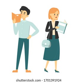 People read book vector isolated. Idea of knowledge and education. Male and female characters standing and walking, holding opened books.