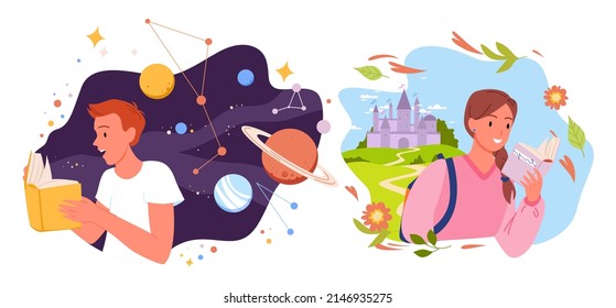 People read books about fantasy adventures in space or fairytale kingdom set vector illustration. Cartoon cute man and woman holding open paper books isolated on white. Imagination, dream concept