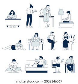 People read books. Adult read book, young person study. Students or readers in library, cozy literature lovers at home. Education, hobby recent vector set
