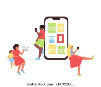 People read books bought from an online store. Phone with online bookstore. The concept of an online book store. Mom reads a book to her son. The guy reads while standing. Flat vector illustration.