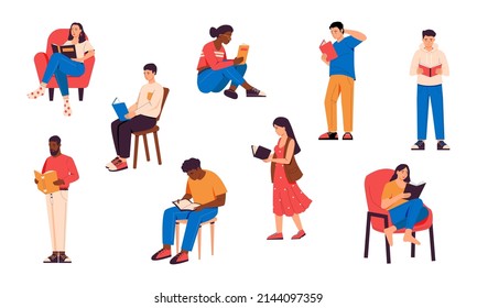 People read books. Cartoon men and women characters standing and sitting with books, magazines, and brochures. Vector set. Youth getting knowledge or information from textbooks, literature