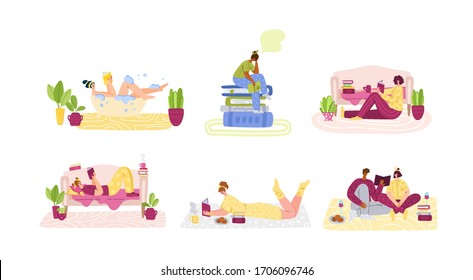 People read books in cozy home rooms - home activities and literature fans concept, man and woman, students read and study, flat cartoon textured characters isolated on white - vector illustration