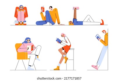 People read books in different poses. Vector flat illustration of reading club or library with persons sitting in chair, on stool, standing and lying with books isolated on white background