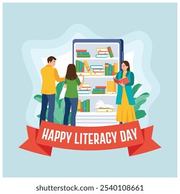 People read books in the digital library. Smartphone with various books. Happy Literacy Day concept. Flat vector illustration.