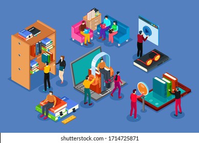 People read books. Electronic library, audio books, the process of studying and assimilating information. Isometric vector detailed creative illustration. Information search.