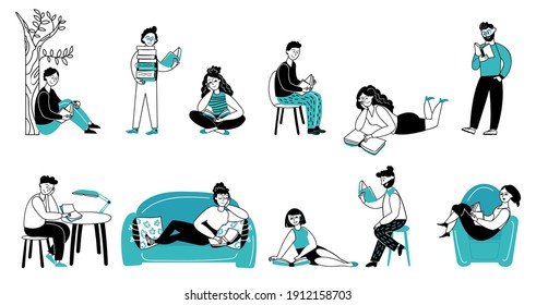 People read books. Girl reading, book study in summer park. Doodle young persons lifestyle, decent students relax and learn vector characters