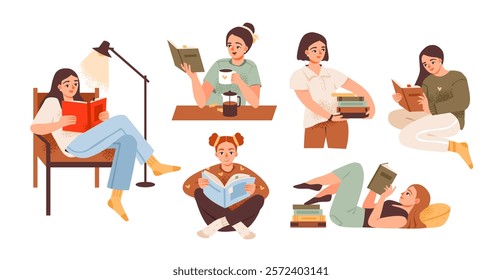 People read books. Books, hobbies and education concept. Student enjoying a novel. Flat vector illustration set.