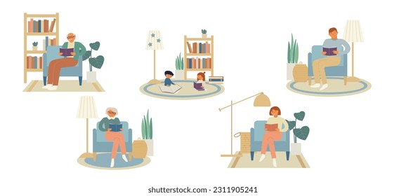 People read books  at home in a free time. Adults, senior and children. Vector illustration set