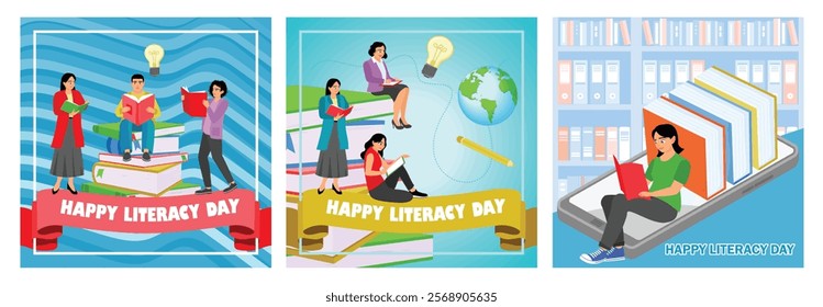People read books to improve their creative ideas. Group of people with stacks of books. Online library. Happy Literacy Day concept. Set flat vector illustration.