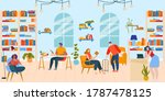 People read books in library flat vector illustration. Cartoon happy booklover reader characters sitting at tables and in chairs, reading literature in bookshop room interior, education background