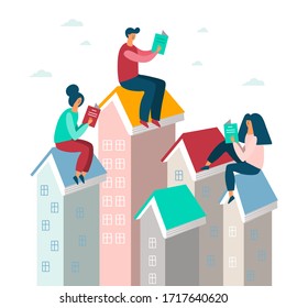 people read books on buildings vector illustration