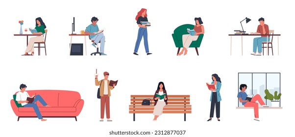 People read books. Readers characters, persons on sofas, benches and chairs, leafing through volumes, happy book lovers relaxation in living room. Cartoon flat isolated nowaday vector set