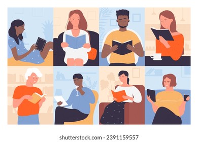 La gente lee libros e ilustraciones vectoriales. Caricatura de estudiantes hombres y mujeres que leen literatura educativa o novela de biblioteca o librería, jóvenes y mujeres sentados en silla o sofá