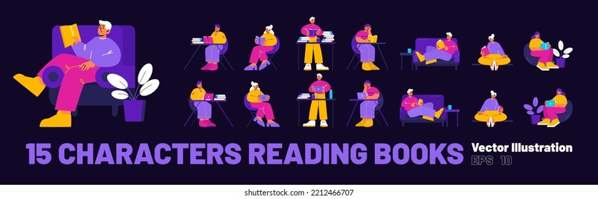 People read books sitting on chair, sofa, at table and standing. Men and women reading books, text on tablet and laptop isolated on black background, vector flat illustration