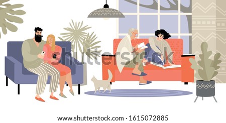 People read books or spend time using smartphones. Vector illustration with two pairs of characters in a cozy living room.