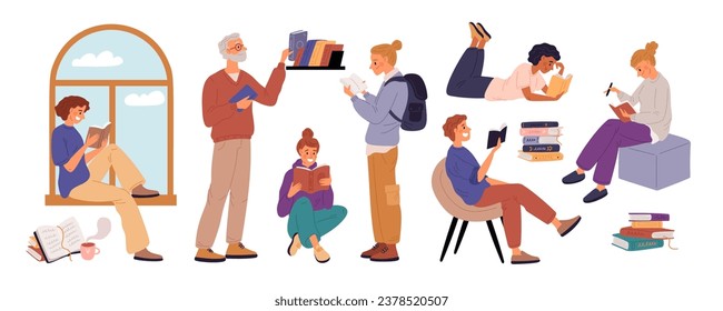 People read books. Students with literature volumes in hands. Readers in library. School education. Smart children learning textbooks and preparing for examination