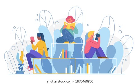 People read books vector illustration. Cartoon young booklover characters sitting together on library bookshelves, students persons study, reading fiction, textbooks or story books isolated on white