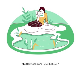 People read books. Woman walks in park. Female at lake shore. Pond reeds. Summer leisure. Person relaxing in nature. Girl enjoying of literature. Wild scenery. Cartoon young character. Vector concept