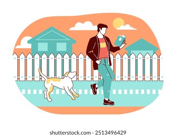 People read books. Young man walking down street with pet dog. City road. Cartoon young character enjoying of literature. Smart bookworm hobby. Student holding textbook. Casual guy. Vector concept