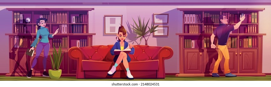 People read and choose book on shelves in library or store. Vector cartoon illustration of luxury interior of home or public library with bookcases, red leather sofa and reading characters
