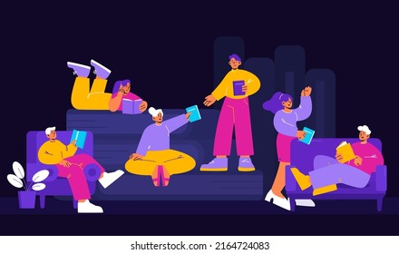 People read, exchange and borrow books in library, reading club. Vector flat illustration of bookcrossing concept with men and women with literature isolated on black background