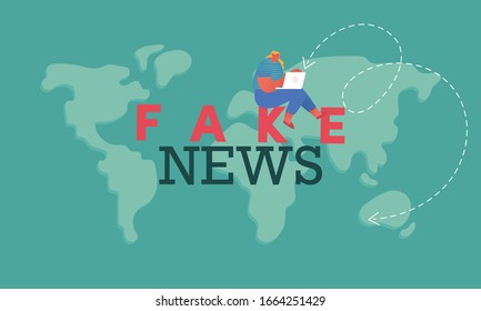 People Read Fake News Concept. Woman with Laptop Sit on World Map Background Reading Social Media Information in Internet, Breaking News Poster Banner Flyer Brochure. Cartoon Flat Vector Illustration