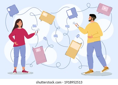 People read the latest news using their mobile phones. Send each other messages and share opinions. Vector illustration in flat style.