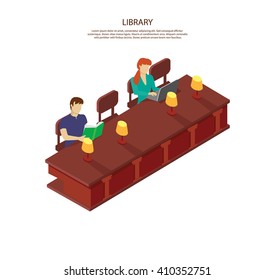People read for the library table. Students man and woman sitting in the library at table with lamps. The guy is reading a book, she works on laptop isolated white background. Vector illustration