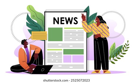 As pessoas leem notícias. Homem e mulher lendo jornal digital no tablet. Artigo na Internet. Conhecimento e informação. Cara e menina com mídia de massa. Ilustração de vetor plano isolada no plano de fundo branco