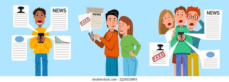People read the news on the phone. Friends are shocked by what is happening in the world.