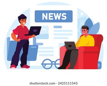 La gente lee noticias en línea. Programador de pie con la computadora portátil. Hombre sosteniendo una laptop. Un programador sentado en una silla y trabajando en una laptop. Freelancer trabajando desde casa. Concepto de página de noticias. Periódico con