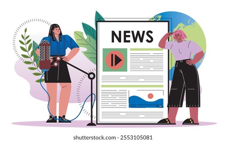 People read news. Young girls reading articles near huge tablet. Mass media and journalism. Information and knowledge online. Digital newspaper. Flat vector illustration