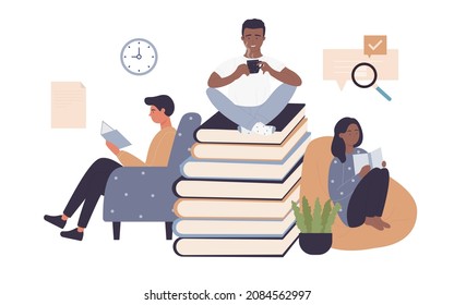 People read paper books from library or bookstore vector illustration. Cartoon tiny male and female characters reading near stack of books and clock. Time to study, knowledge, self education concept